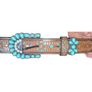 Topacc PU Leather Western Belt w/ Turquoise Floral Tooling Beaded Buckle